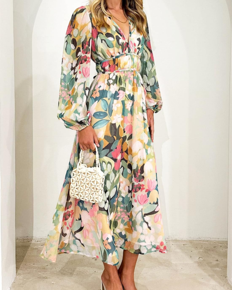 Hannah Abito Donna – Maxikjole med blomsterprint, lange ærmer, elastisk talje og foring