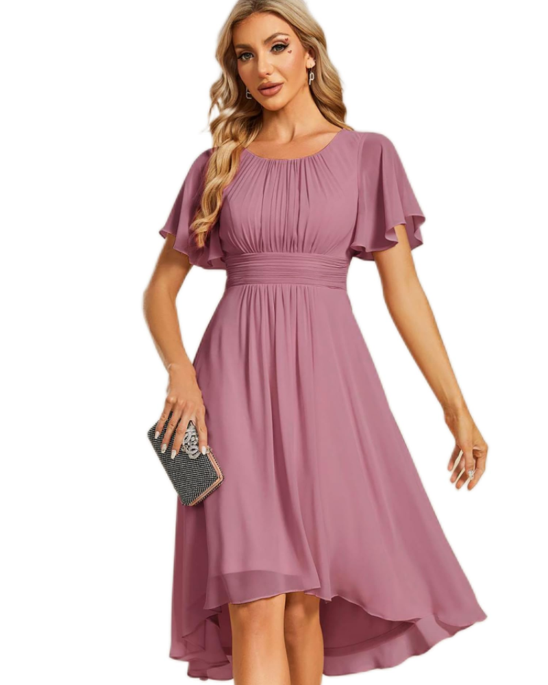 Claire Abito Elegante Donna – Midi ruha chiffonból, A-vonalú, rövid ujjú és kerek nyakkivágással