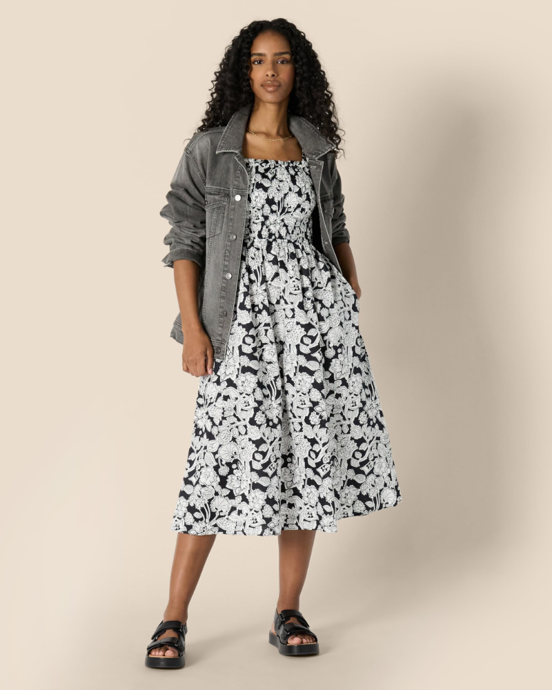 Grace Women's Dress – Midi Cotton Sateen Dress with Smocked Bodice & Adjustable Straps