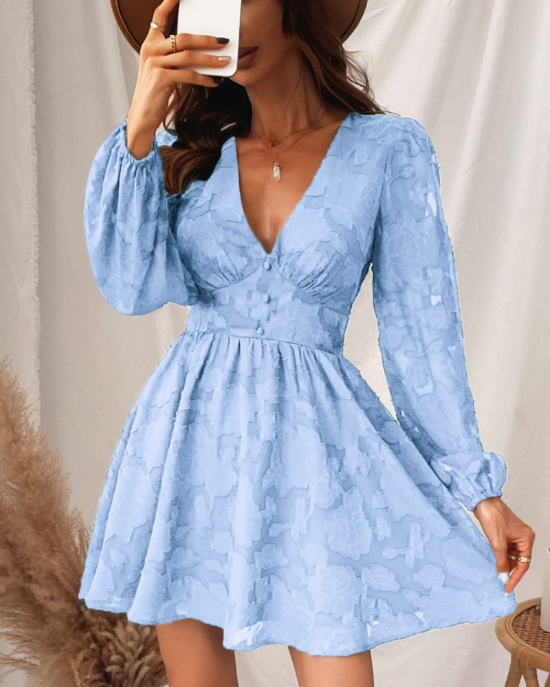 Olivia Abito Donna – Mini kjole med blomsterprint, V-hals, lange ermer og A-linje