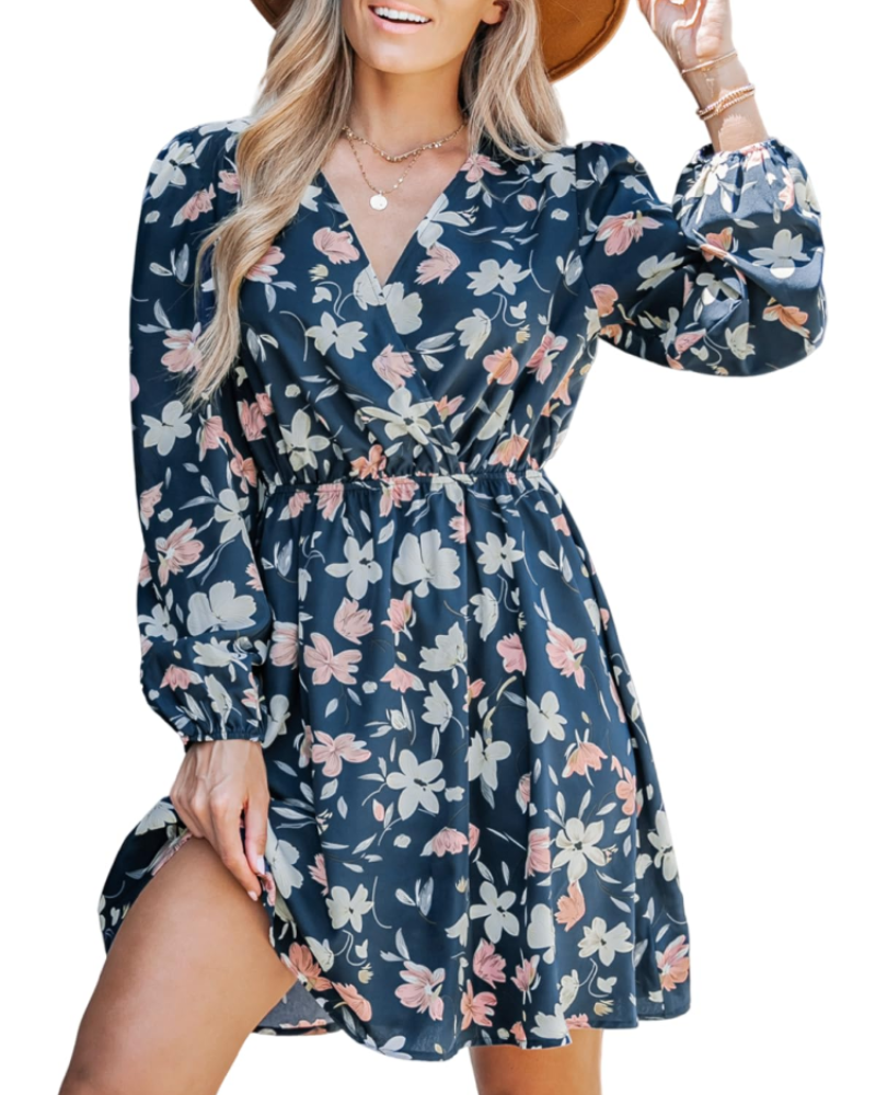 Megan Abito Donna – Mini kjole med blomsterprint, krydset halsudskæring, elastisk talje og lange ærmer