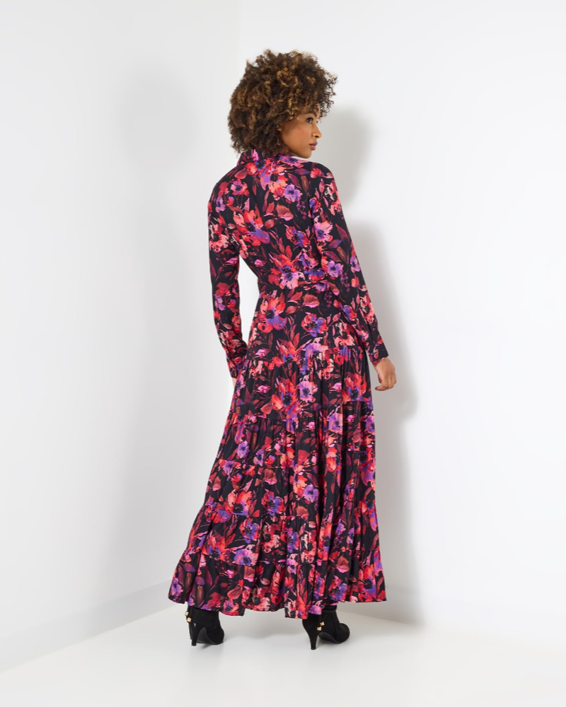 Naomi Abito Donna – Maxi kjole med blomsterprint, krave, lange ærmer og bælte