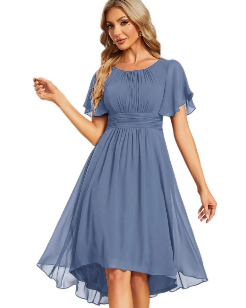 Claire Abito Elegante Donna – Midi ruha chiffonból, A-vonalú, rövid ujjú és kerek nyakkivágással