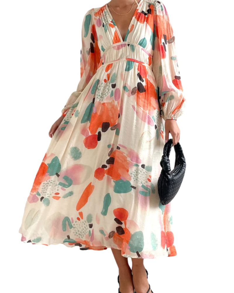 Hannah Abito Donna – Maxikjole med blomsterprint, lange ærmer, elastisk talje og foring