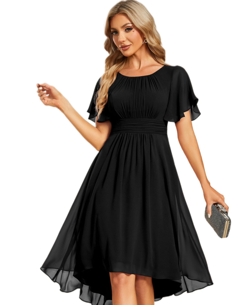 Claire Abito Elegante Donna – Midi ruha chiffonból, A-vonalú, rövid ujjú és kerek nyakkivágással