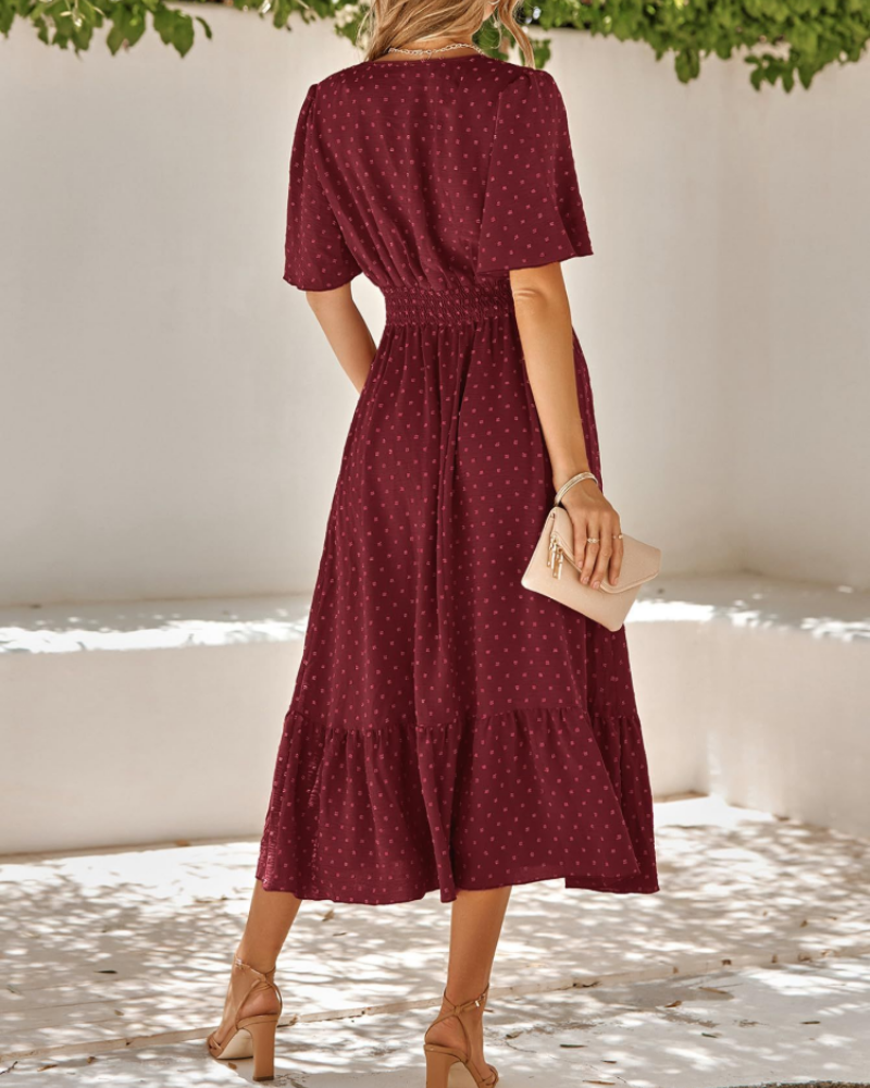 Robe longue pour femme Aubrey – Col en V, manches volantées et imprimé Swiss Dot