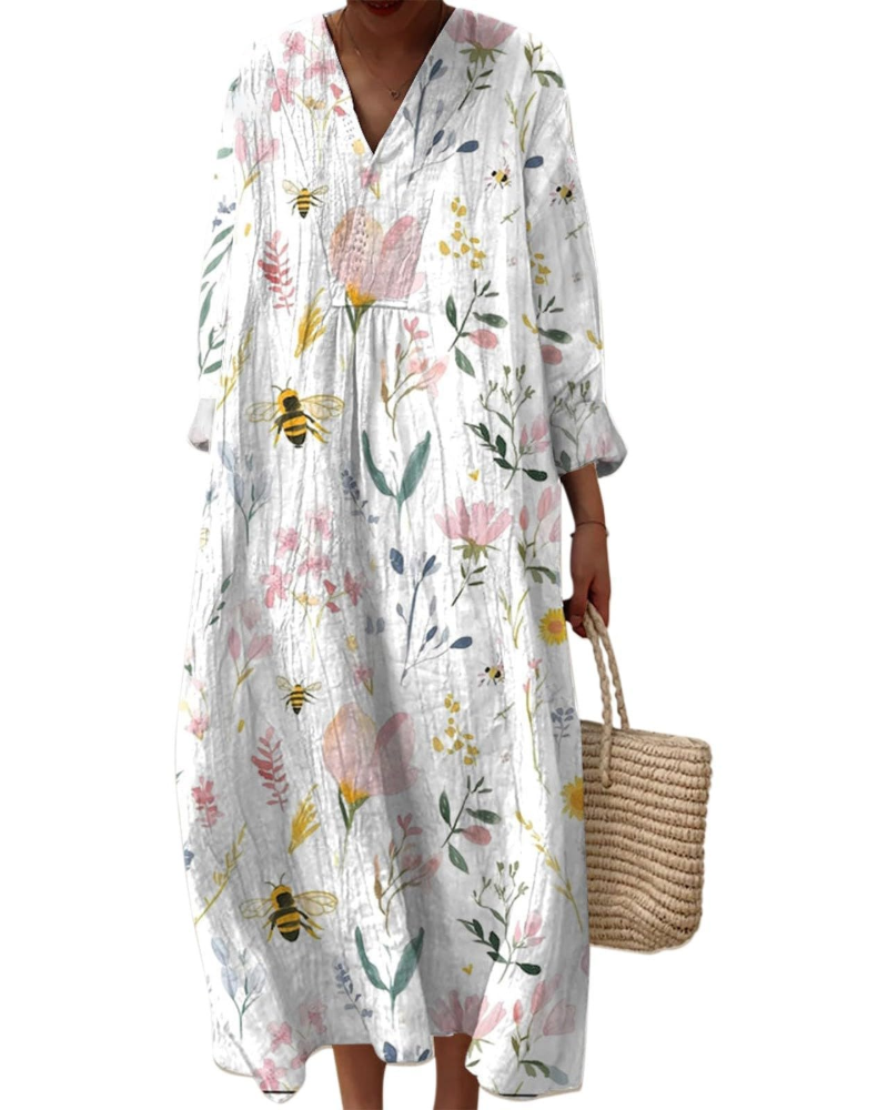 Natalie Abito Donna – Vestido Midi Boho con Escote en V, Mangas Largas y Tejido Ligero