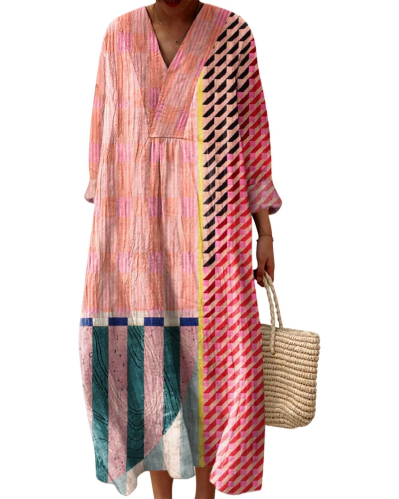 Natalie Abito Donna – Vestido Midi Boho con Escote en V, Mangas Largas y Tejido Ligero