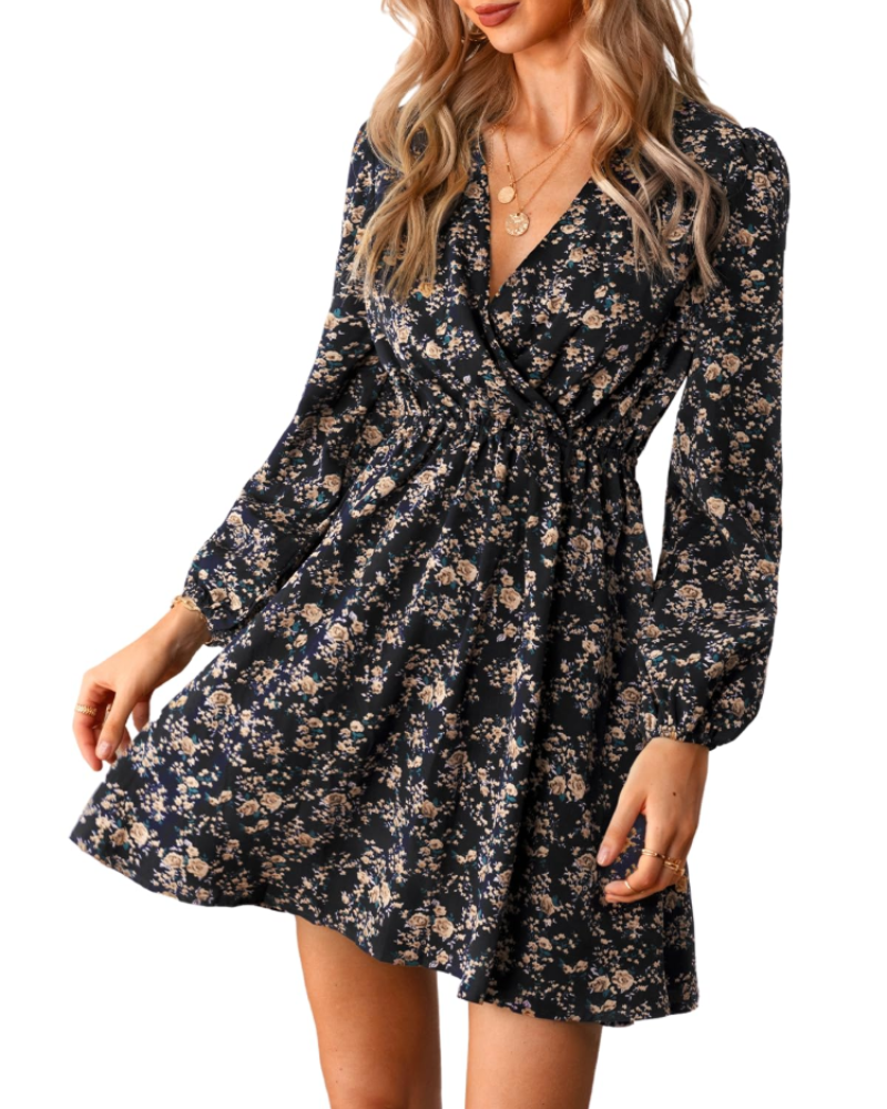 Megan Abito Donna – Mini kjole med blomsterprint, krydset halsudskæring, elastisk talje og lange ærmer