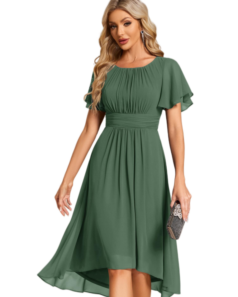 Claire Abito Elegante Donna – Midi ruha chiffonból, A-vonalú, rövid ujjú és kerek nyakkivágással