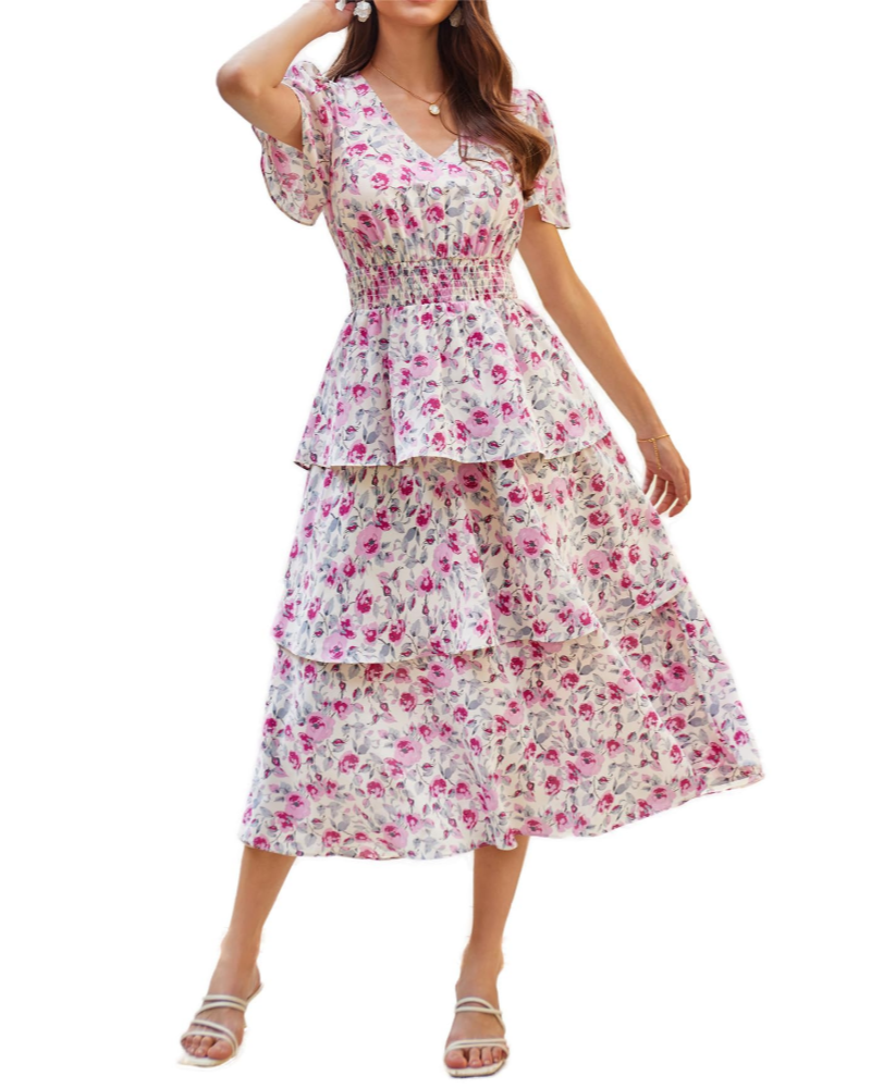 Scarlett Abito Donna – Vestito Floreale A-Line con Scollo a V, Vita Elasticizzata & Maniche Corte