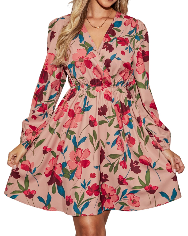 Megan Abito Donna – Mini kjole med blomsterprint, krydset halsudskæring, elastisk talje og lange ærmer