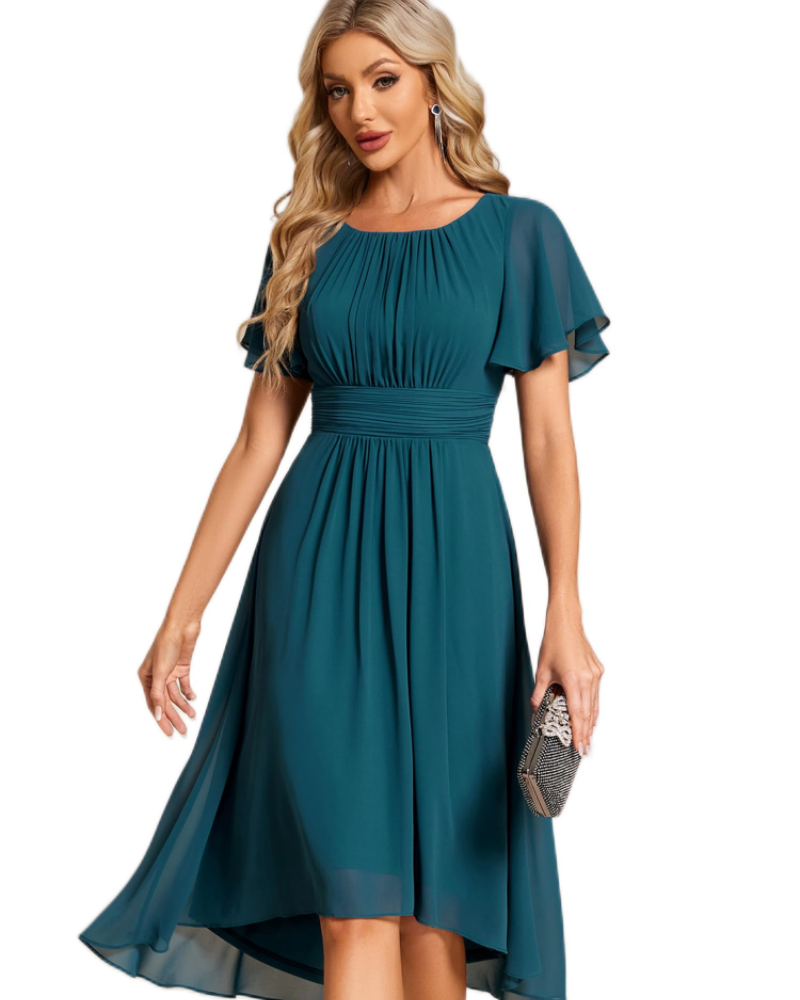 Claire Abito Elegante Donna – Midi ruha chiffonból, A-vonalú, rövid ujjú és kerek nyakkivágással