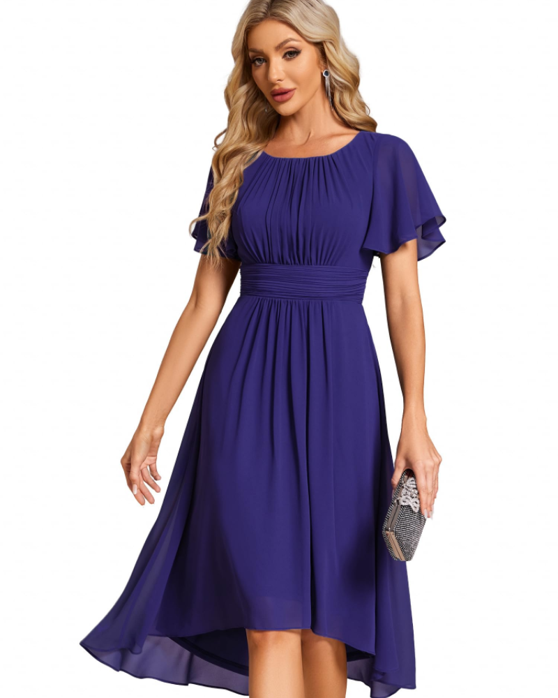 Claire Abito Elegante Donna – Midi ruha chiffonból, A-vonalú, rövid ujjú és kerek nyakkivágással