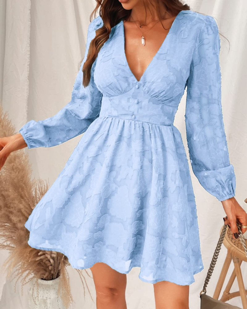 Olivia Abito Donna – Mini kjole med blomsterprint, V-hals, lange ermer og A-linje