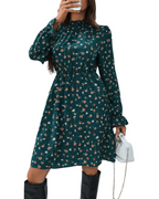 Ruby Women's Dress – Floral A-Line Mini Dress with High Neck, Ruffles & Long Sleeves