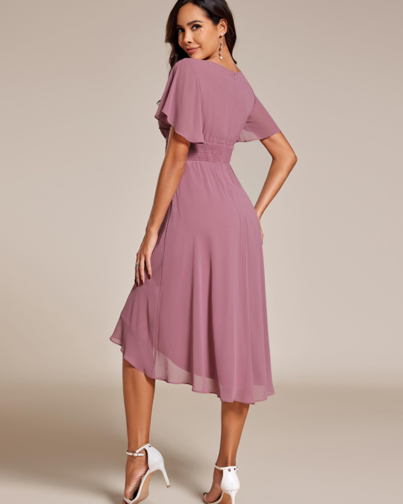 Claire Abito Elegante Donna – Midi ruha chiffonból, A-vonalú, rövid ujjú és kerek nyakkivágással