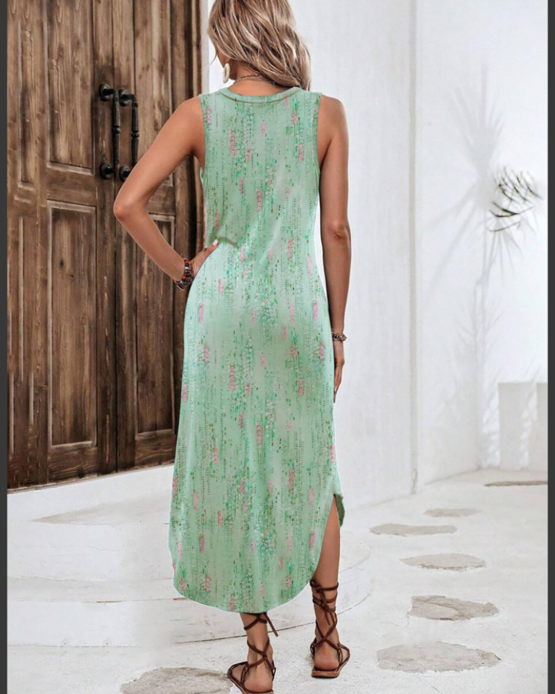 Phoebe – dámské maxi šaty, boho model bez rukávů s řasením, rozparkem a kapsami