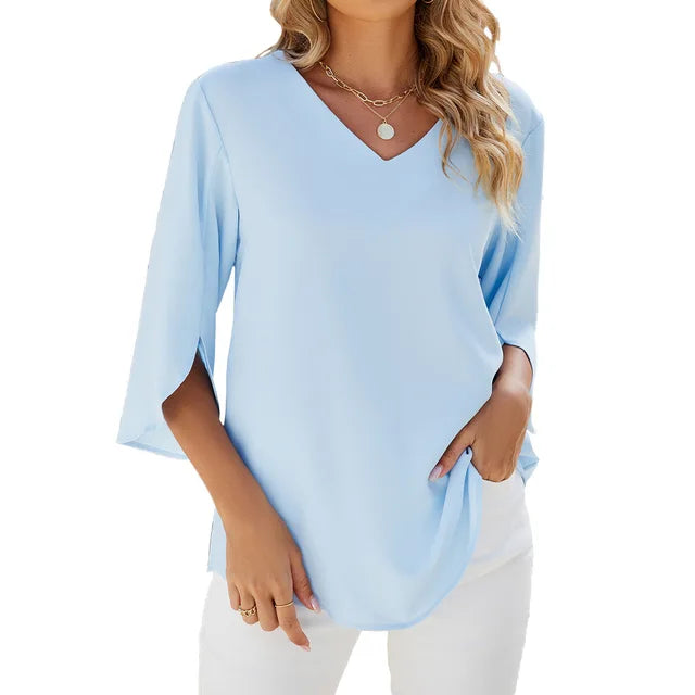 Blouse Annabella Femme Élégante – Col V, Manches Évasées, Légère Décontractée Chic