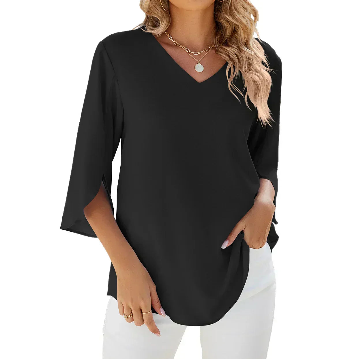 Blouse Annabella Femme Élégante – Col V, Manches Évasées, Légère Décontractée Chic