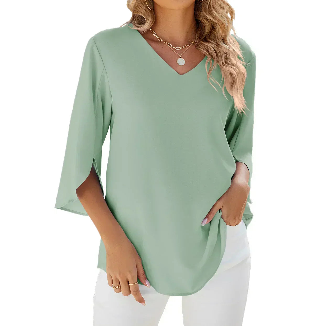 Blouse Annabella Femme Élégante – Col V, Manches Évasées, Légère Décontractée Chic