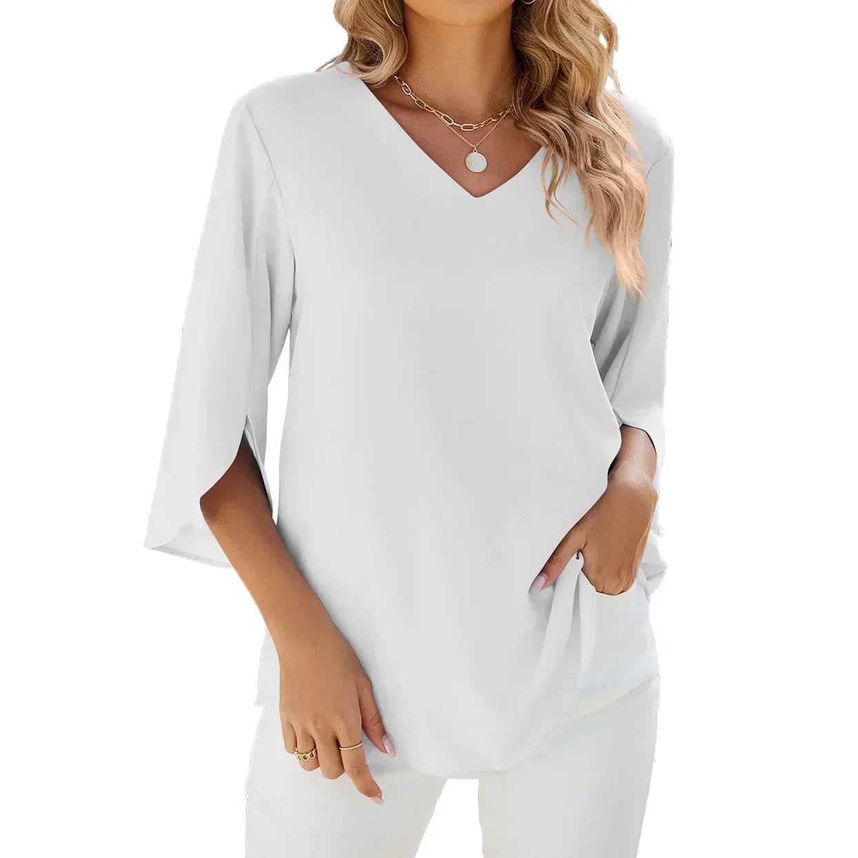 Blouse Annabella Femme Élégante – Col V, Manches Évasées, Légère Décontractée Chic