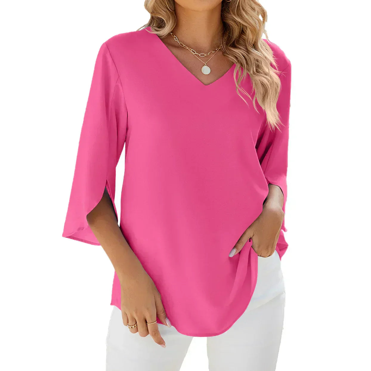 Blouse Annabella Femme Élégante – Col V, Manches Évasées, Légère Décontractée Chic