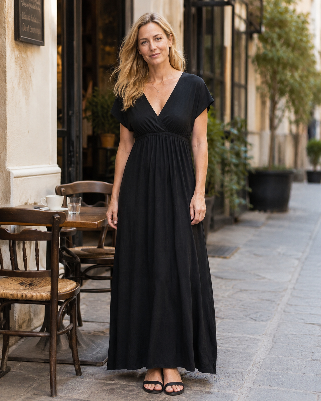 Robe longue Madeline pour femme – Jersey stretch, col en V et taille empire