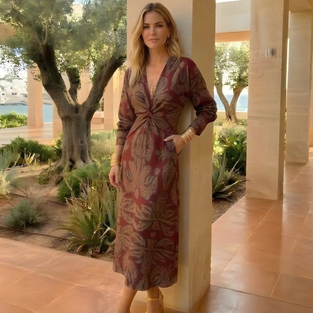 Camy Women's Long Floral Dress – Elegant Draped Dress for Wedding Guest