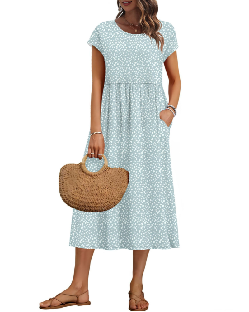 Vestido midi de mujer Whitney – Cuello redondo, mangas cortas, corte en A y bolsillos