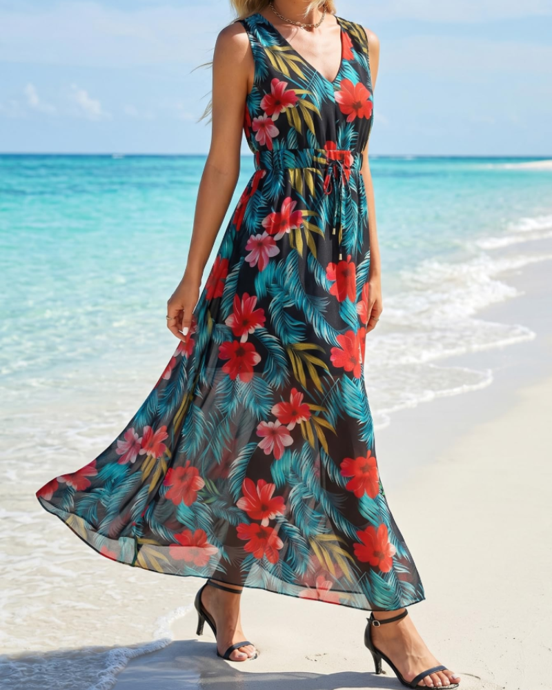 Marcella Vestido de verano para mujer – Escote en V, estampado floral y espalda descubierta