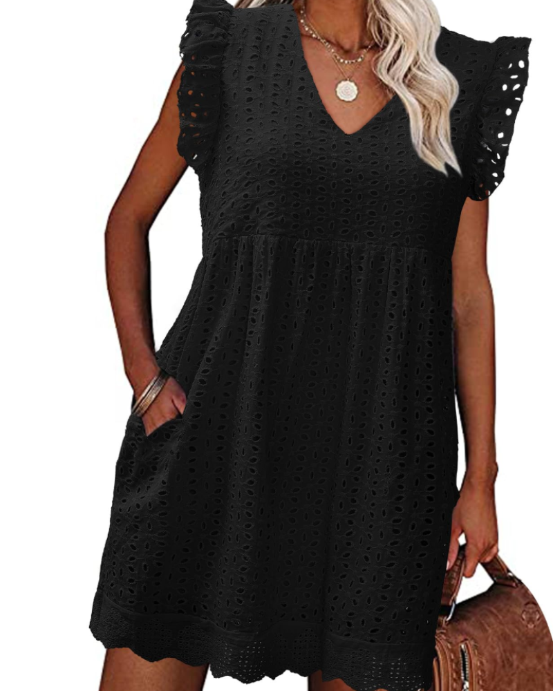 Miranda Vestido de verano para mujer de algodón – Escote en V, encaje jacquard, volantes y bolsillos
