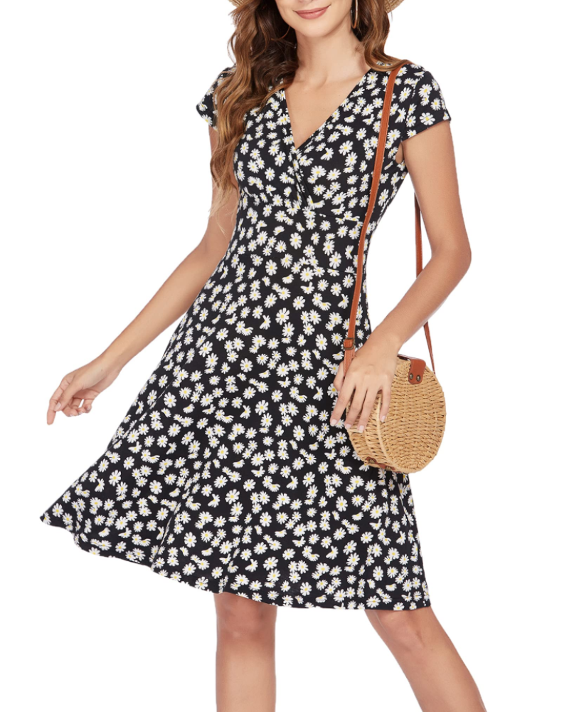 Lenora Vestido de Mujer Elegante – Escote en V, Mangas Cortas y Falda de Línea A