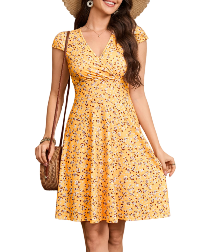 Lenora Vestido de Mujer Elegante – Escote en V, Mangas Cortas y Falda de Línea A