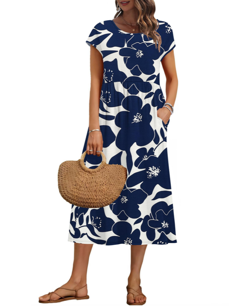 Vestido midi de mujer Whitney – Cuello redondo, mangas cortas, corte en A y bolsillos