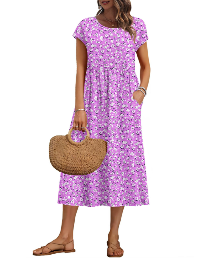 Vestido midi de mujer Whitney – Cuello redondo, mangas cortas, corte en A y bolsillos