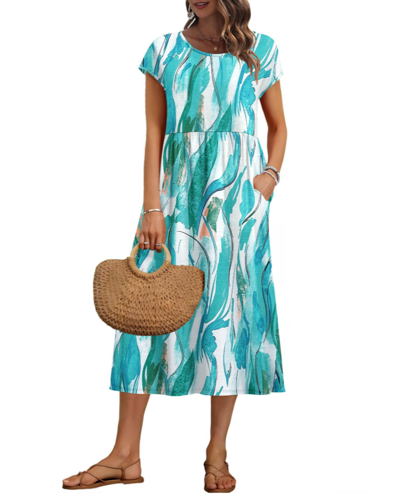 Vestido midi de mujer Whitney – Cuello redondo, mangas cortas, corte en A y bolsillos