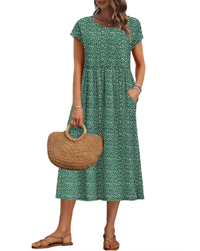 Vestido midi de mujer Whitney – Cuello redondo, mangas cortas, corte en A y bolsillos