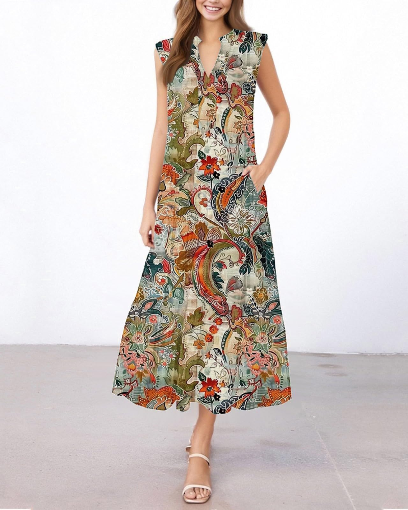 Vestido largo de verano para mujer Daphne – escote halter, estampado vibrante y bolsillos laterales