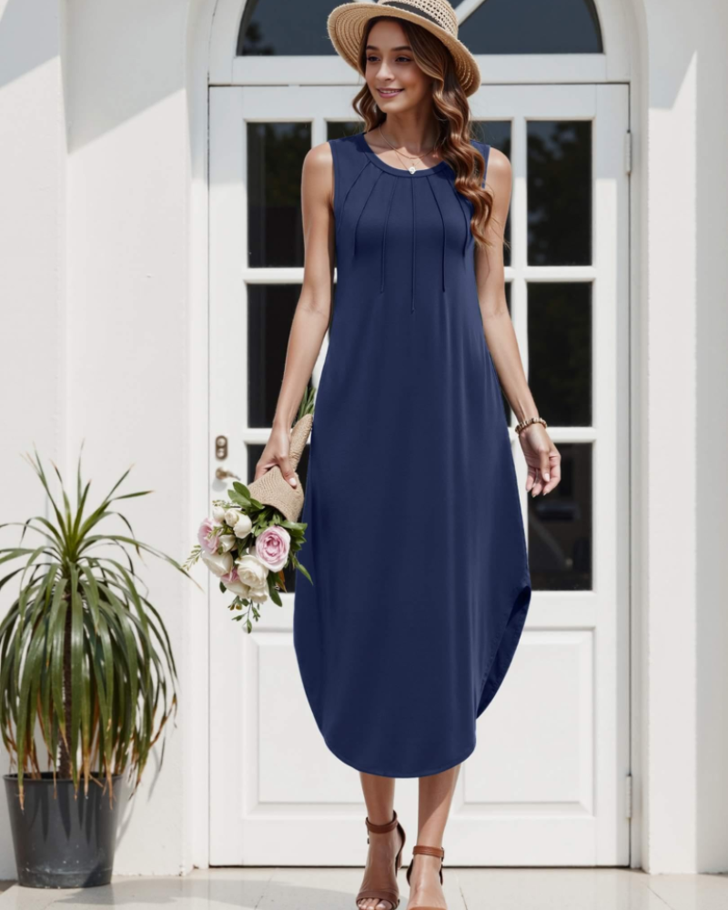 Maxi Long Dress for Women – Crew Neck, Sleeveless, Side Slit, and Pockets