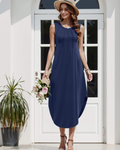 Maxi Long Dress for Women – Crew Neck, Sleeveless, Side Slit, and Pockets