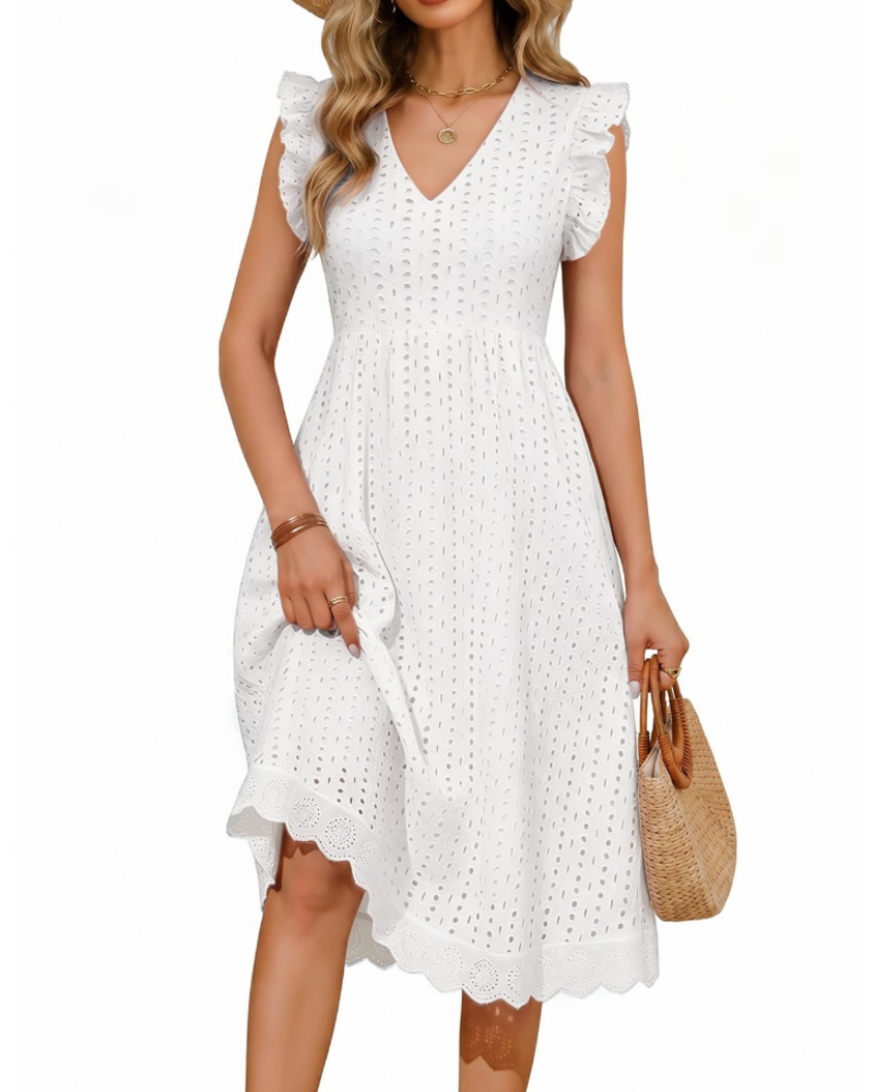 Vestido largo celeste para mujer de algodón – escote en V, detalles calados y bolsillos
