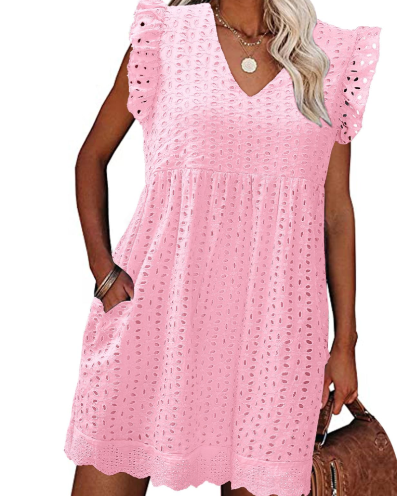 Miranda Vestido de verano para mujer de algodón – Escote en V, encaje jacquard, volantes y bolsillos