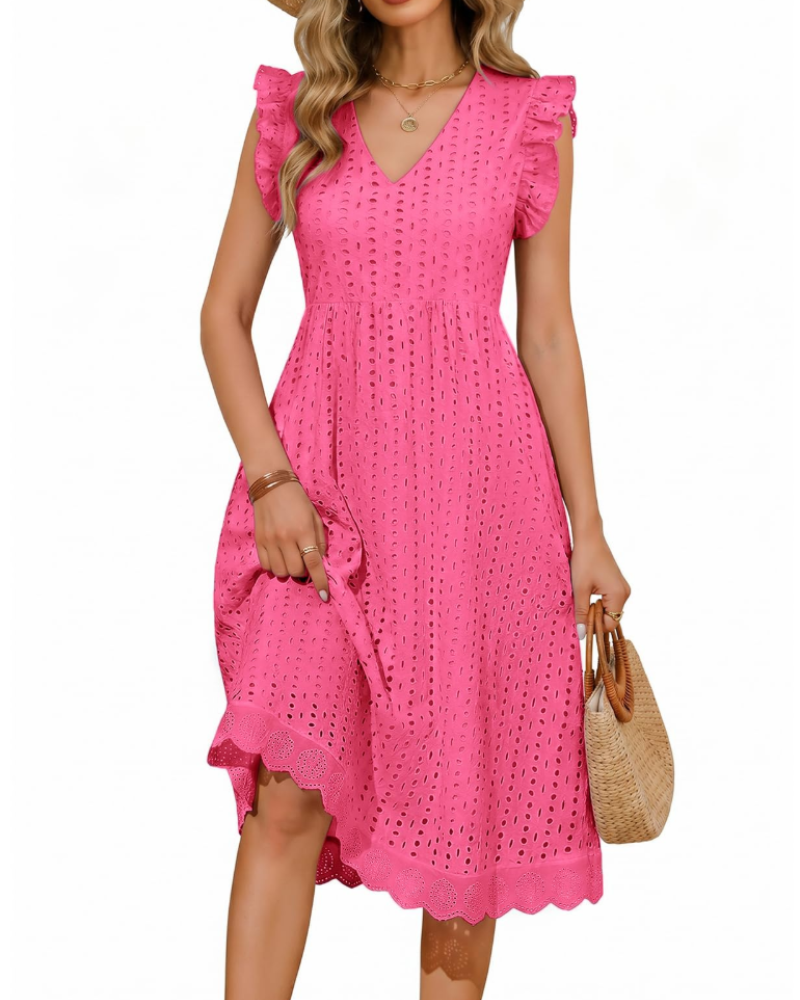 Vestido largo celeste para mujer de algodón – escote en V, detalles calados y bolsillos