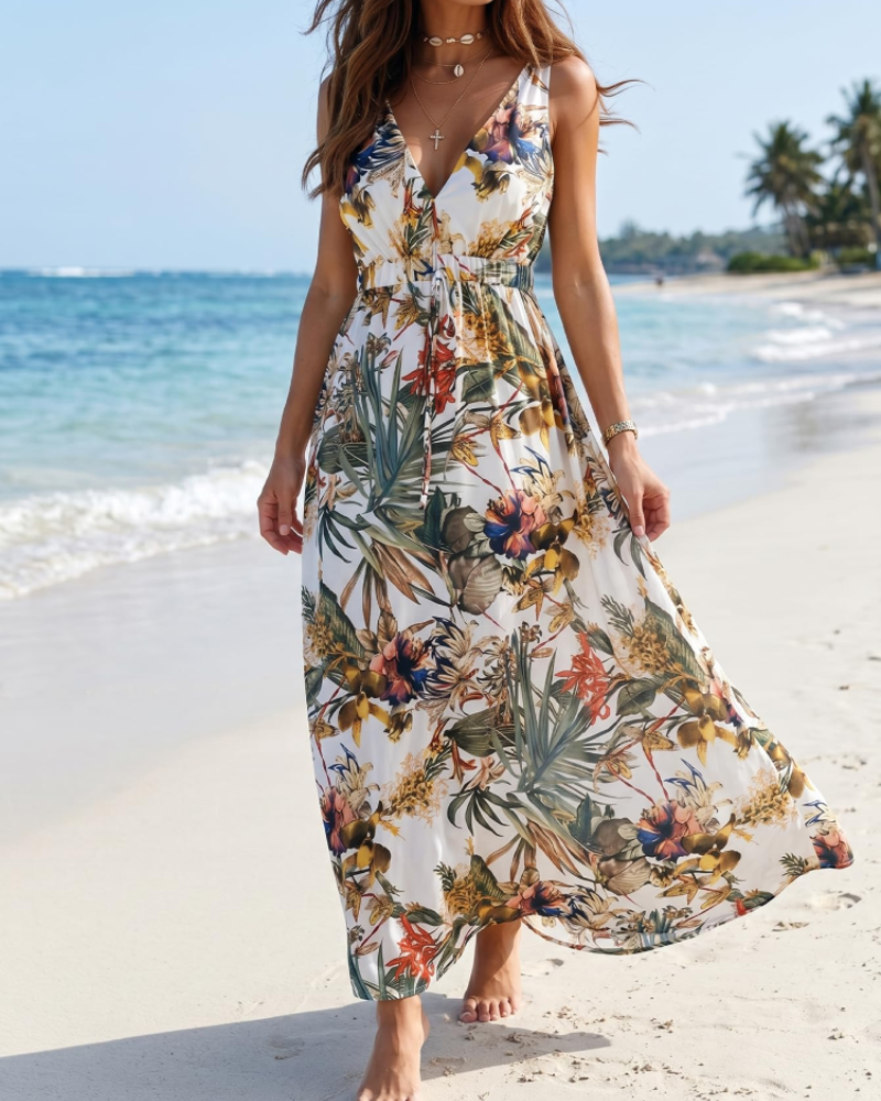 Marcella Vestido de verano para mujer – Escote en V, estampado floral y espalda descubierta