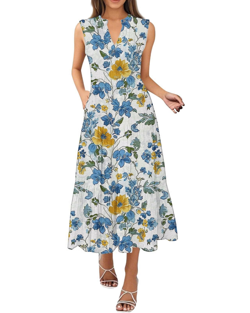 Vestido largo de verano para mujer Daphne – escote halter, estampado vibrante y bolsillos laterales