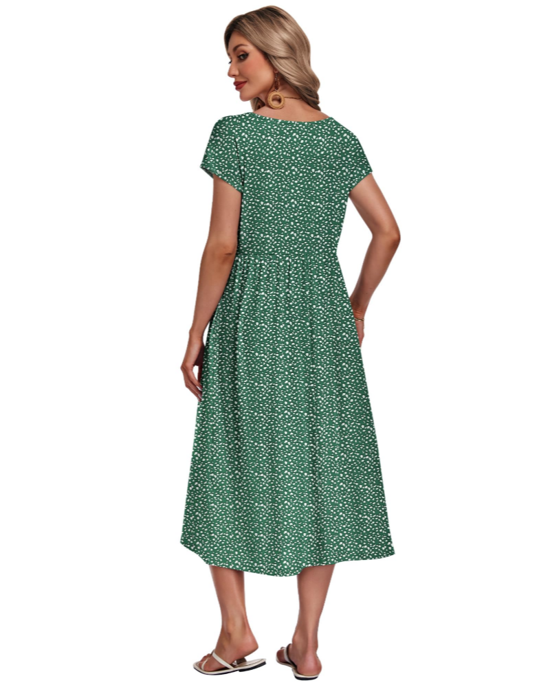 Vestido midi de mujer Whitney – Cuello redondo, mangas cortas, corte en A y bolsillos