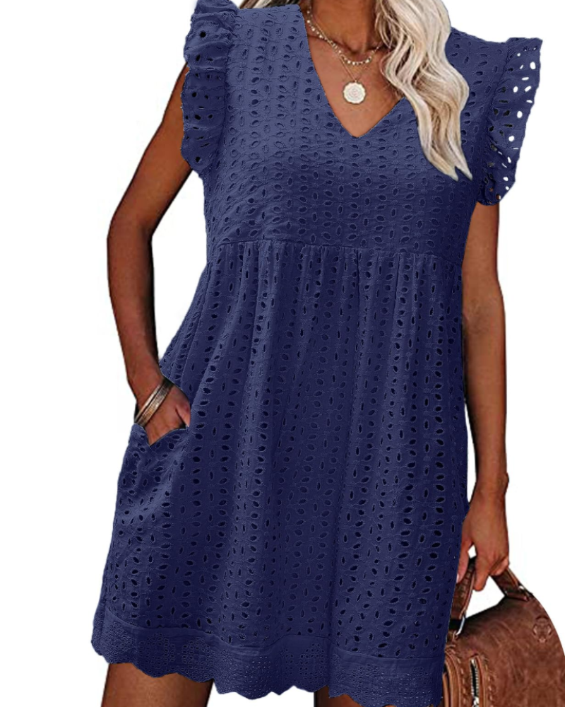 Miranda Vestido de verano para mujer de algodón – Escote en V, encaje jacquard, volantes y bolsillos