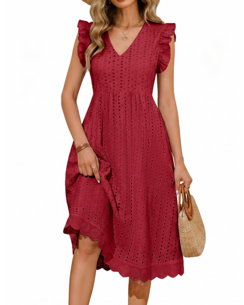 Vestido largo celeste para mujer de algodón – escote en V, detalles calados y bolsillos