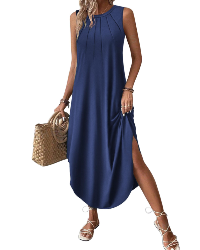 Maxi Long Dress for Women – Crew Neck, Sleeveless, Side Slit, and Pockets